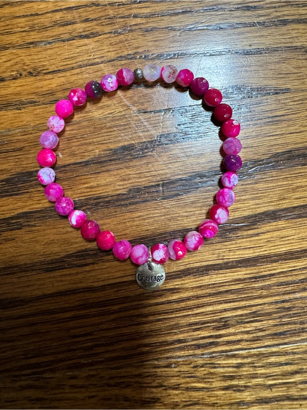 Courage Pink Beaded Stretch Bracelet with Charm